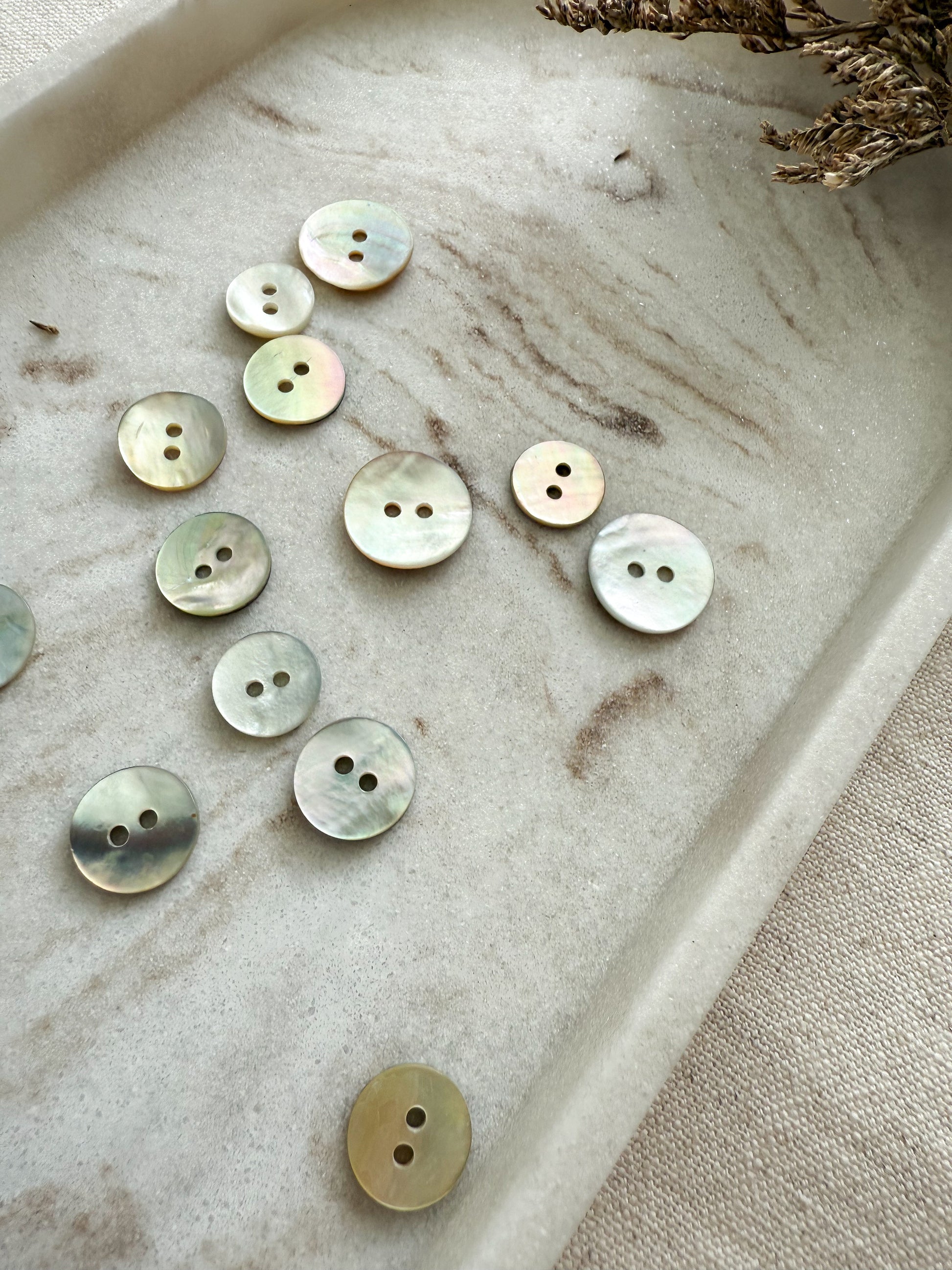 A natural mother of pearl sewing button with two holes in a number of sizes