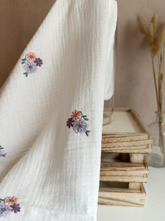 Embroidered Double Gauze Fabric - Pastel Flowers - 98cm remnant